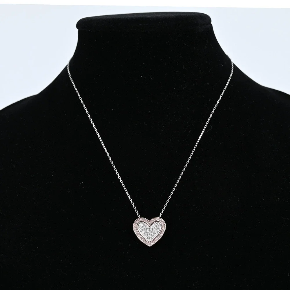Signed Swarovski Crystal Double Heart Rose Gold Silver Mixed Metal Necklace